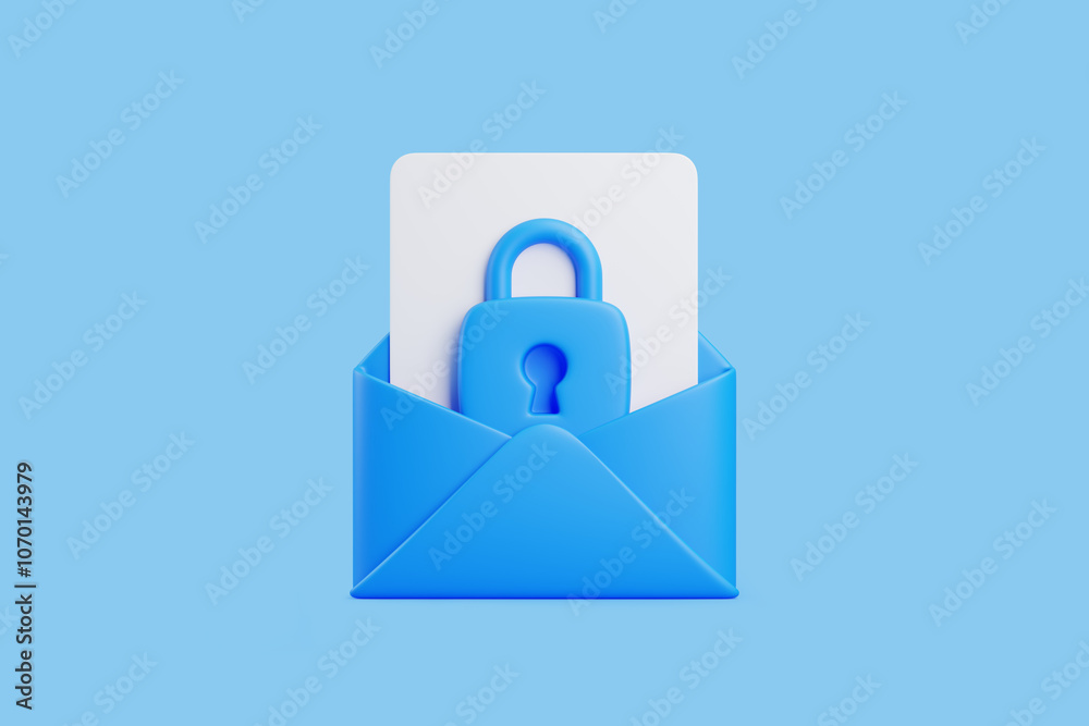 Blue envelope containing a letter with a padlock, representing secure email, privacy, and data protection. 3D render illustration Blue envelope containing a letter with a padlock, representing secure email, privacy, and data protection. 3D render illustration