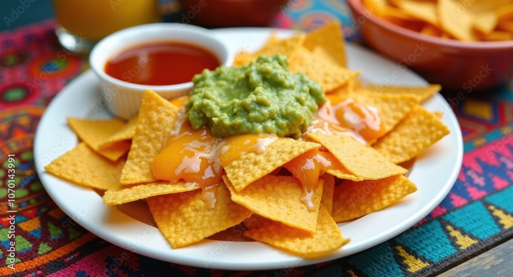 Delicious nachos with cheese and guacamole Delicious nachos with cheese and guacamole