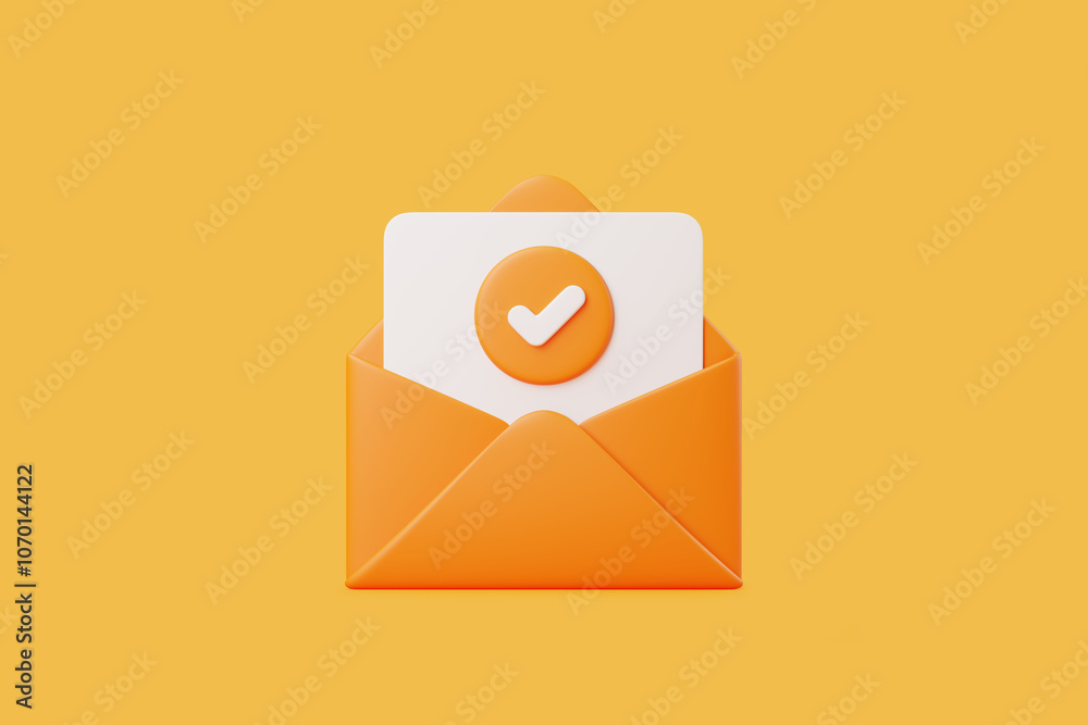 Orange envelope with a check mark icon, symbolizing completed tasks or successful email delivery on yellow background. 3D render illustration