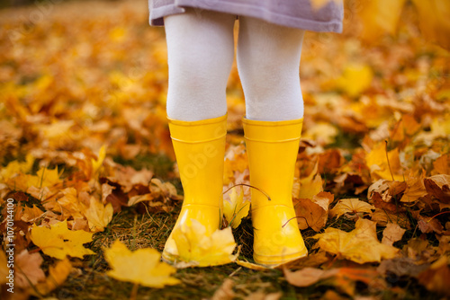 Closeup of children yellow rubber boots on a child feet in autumn grass photo