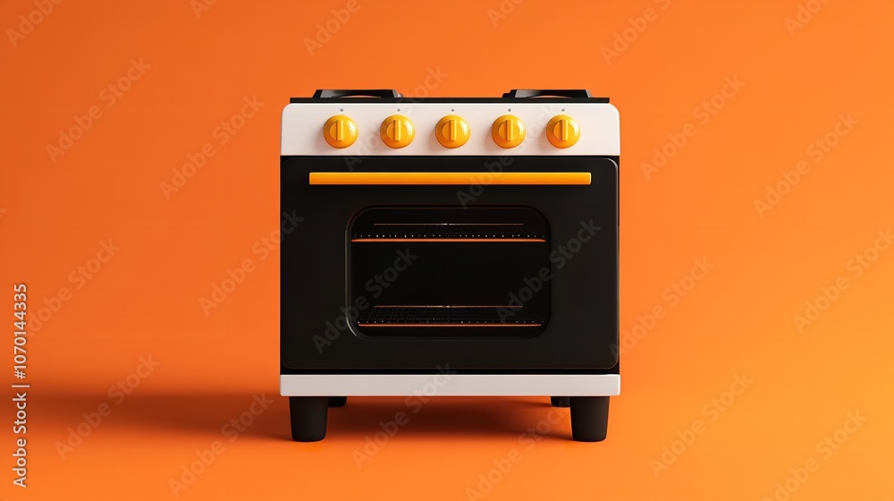 A Black and White Oven with Yellow Knobs Sits On A Black and White Oven with Yellow Knobs Sits On