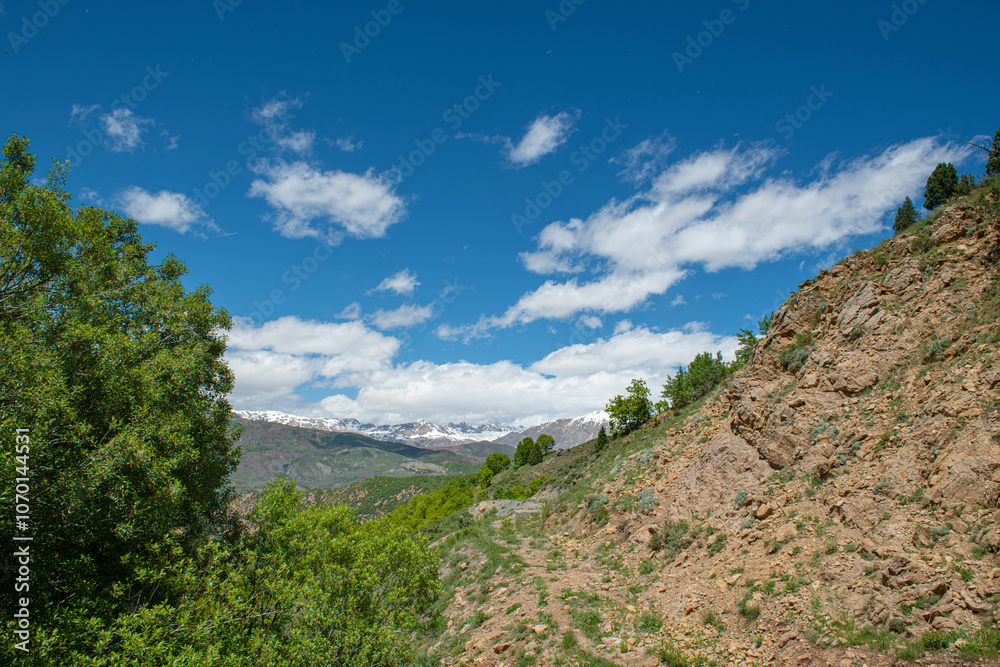 Fototapeta premium Green plains, snowy mountains. Blue sky and snowy mountains. Snowy mountains of Tunceli. Pülümür Valley, Buyer Mountain, Sarıgül Plateau, Buyer Waterfall.Munzur, Tunceli, Türkiye. 