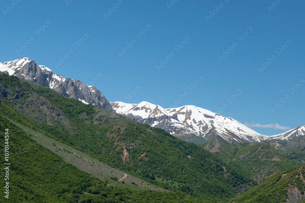 Obraz premium Green plains, snowy mountains. Blue sky and snowy mountains. Snowy mountains of Tunceli. Pülümür Valley, Buyer Mountain, Sarıgül Plateau, Buyer Waterfall.Munzur, Tunceli, Türkiye. 