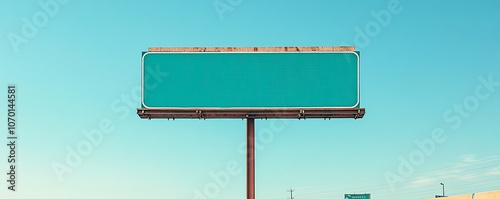 An empty highway sign with no text, hanging over a threelane American superhighway, under a clear blue sky photo