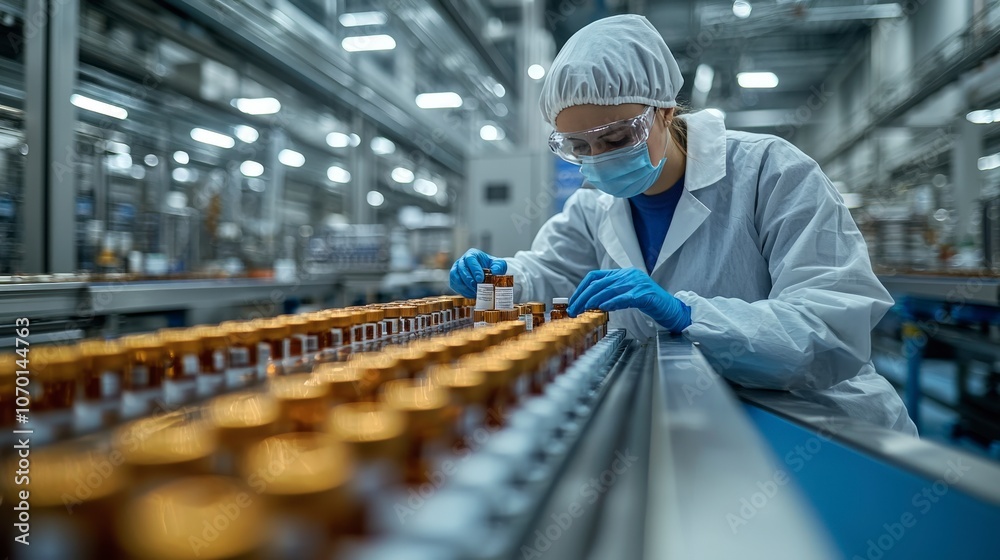 A technician, dressed in a lab coat and gloves, closely examines pharmaceutical vials on a conveyor line in a sterile laboratory environment. A technician, dressed in a lab coat and gloves, closely examines pharmaceutical vials on a conveyor line in a sterile laboratory environment.