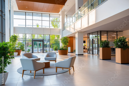 Modern Office Lobby with Natural Light and Comfortable Seating Area.