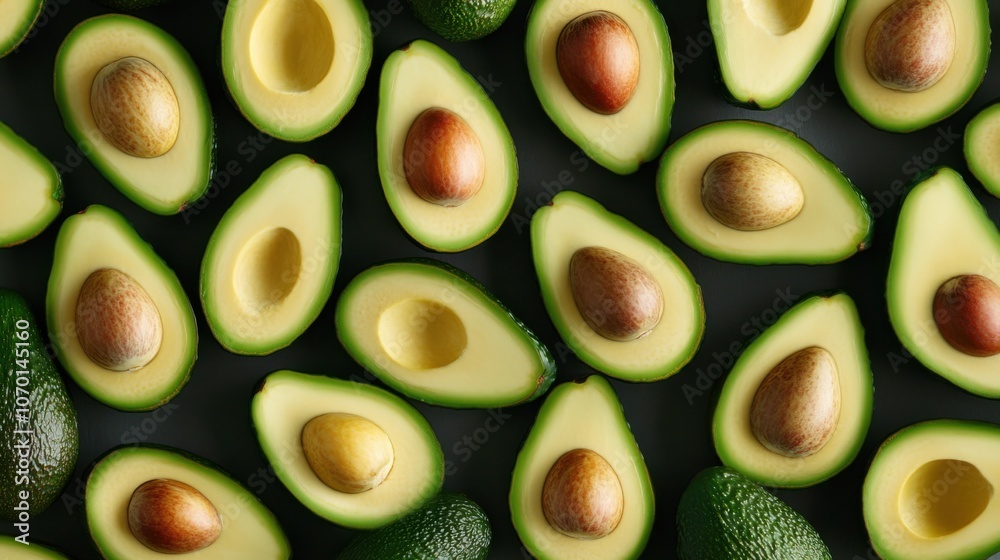 A surface densely covered with whole and halved avocados, filling every inch of the frame with their smooth, green texture and creamy appearance. A surface densely covered with whole and halved avocados, filling every inch of the frame with their smooth, green texture and creamy appearance.