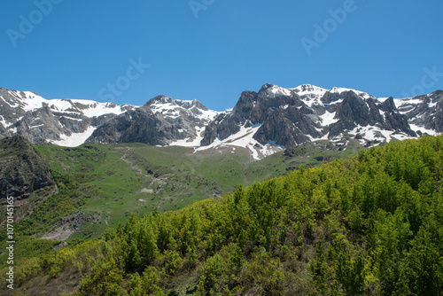 Green plains, snowy mountains. Blue sky and snowy mountains. Snowy mountains of Tunceli. Pülümür Valley, Buyer Mountain, Sarıgül Plateau, Buyer Waterfall.Munzur, Tunceli, Türkiye.
 photo