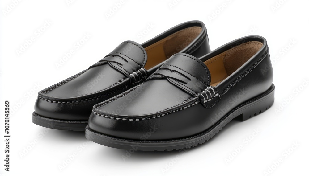 Elegant black leather loafers displayed on a clean white background for casual fashion Elegant black leather loafers displayed on a clean white background for casual fashion