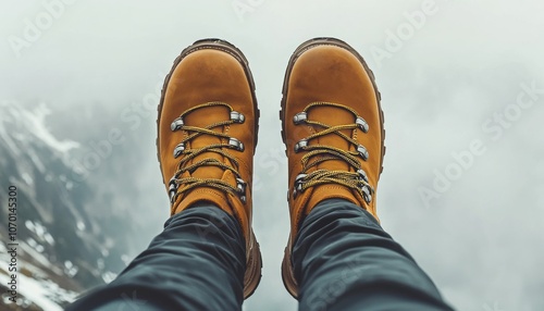 Person standing on a mountain edge wearing yellow hiking boots during a misty day