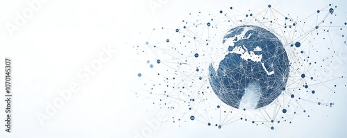 Global network concept with planet Earth, connection lines, and a greyblue color palette, featuring white space in the center for text or logo photo