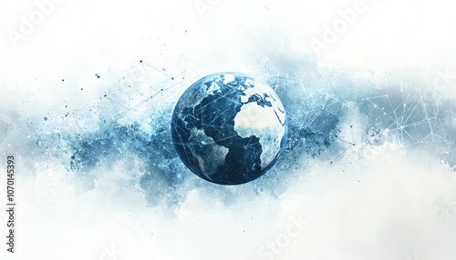 Global network with planet Earth and connection lines on a white background, using a greyblue color palette, with central white space for logo or text photo