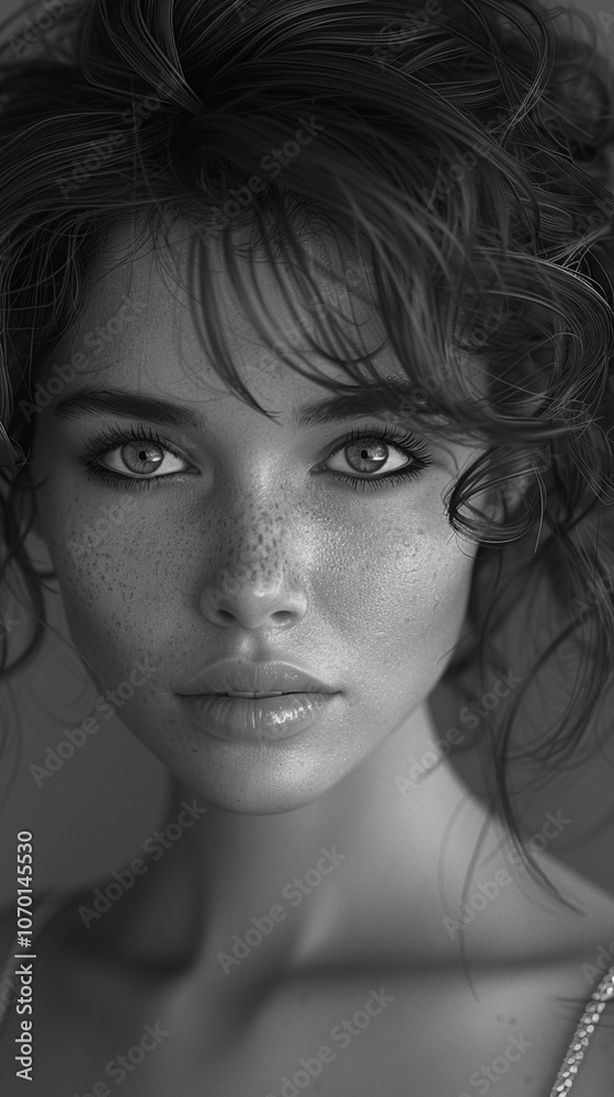 Monochromatic Portrait of a Freckled Woman with Intense Eyes and Curly Hair - Photorealistic Art for Print and Posters Monochromatic Portrait of a Freckled Woman with Intense Eyes and Curly Hair - Photorealistic Art for Print and Posters