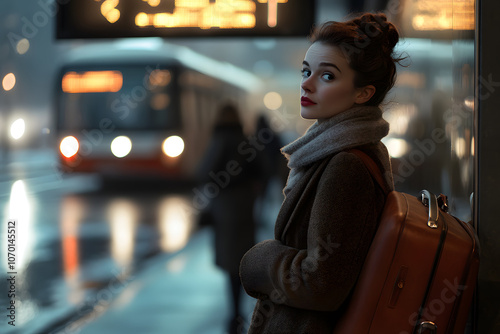 A young woman waits at a bus stop in the city, looking over her shoulder. She is dressed in a warm coat and scarf, carrying a large suitcase.