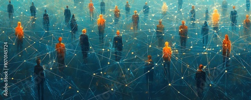 Multiple interconnected digital figures, each representing different people or groups, within a vast network in the digital space