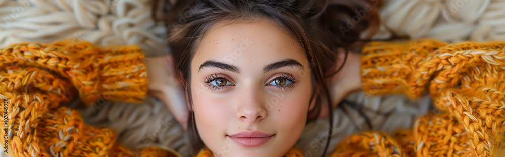 Close-Up Portrait of a Woman in Cozy Golden Sweater Lying on a Beige Textured Blanket for Relaxation and Comfort Close-Up Portrait of a Woman in Cozy Golden Sweater Lying on a Beige Textured Blanket for Relaxation and Comfort