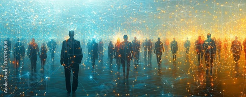 Multiple interconnected digital figures, each representing different people or groups, within a vast network in the digital space photo