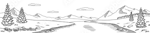 Mountain river graphic black white landscape long sketch illustration vector 