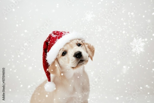 Adorable puppy wearing a Santa hat surrounded by falling snowflakes
