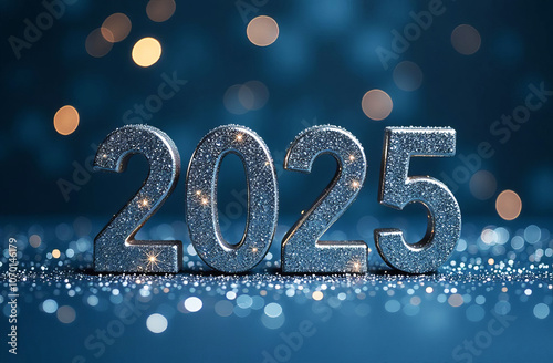 Happy new year 2025 with silver metallic numbers on dark background.