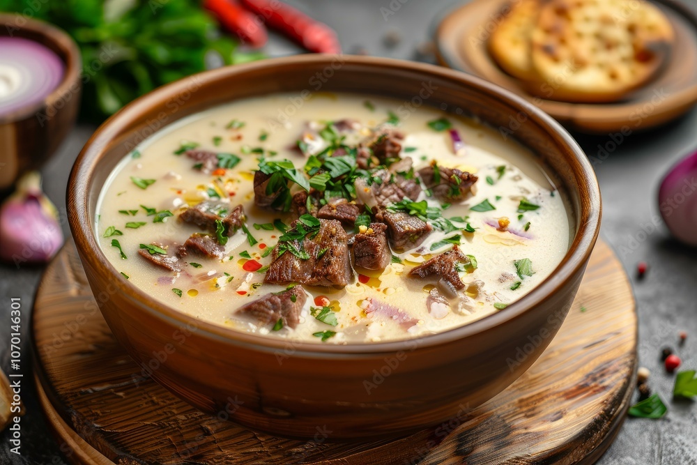Creamy soup with meat and herbs sprinkled with red pepper in a wooden bowl, ready to be enjoyed Creamy soup with meat and herbs sprinkled with red pepper in a wooden bowl, ready to be enjoyed