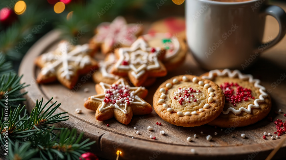Christmas cookies decorated with royal icing resting on wooden tray with hot beverage Christmas cookies decorated with royal icing resting on wooden tray with hot beverage
