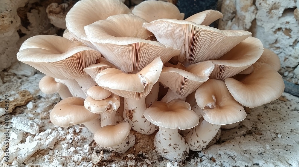 A cluster of oyster mushrooms, growing in a white, textured environment. A cluster of oyster mushrooms, growing in a white, textured environment.