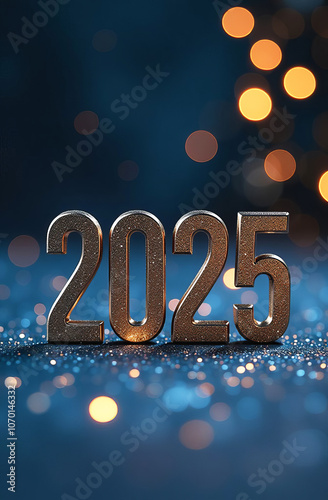 Happy new year 2025 with silver metallic numbers on dark background.