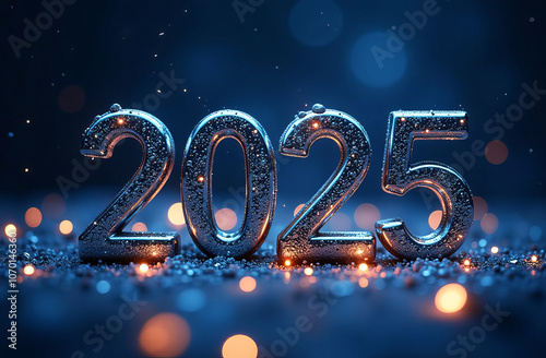 Happy new year 2025 with silver metallic numbers on dark background.