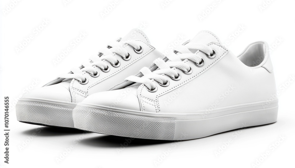 Simple white sneakers displayed on a plain background for casual footwear promotion Simple white sneakers displayed on a plain background for casual footwear promotion