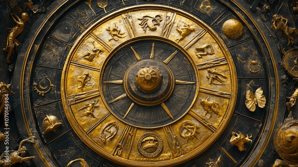 Obraz premium Zodiac signs inside of horoscope circle. Astrology in the sky with many stars and moons astrology and horoscopes concept
