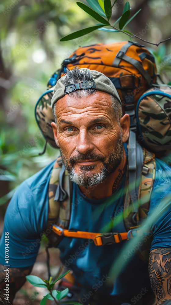 Obraz premium Experienced Male Hiker with Backpack Exploring Dense Forest