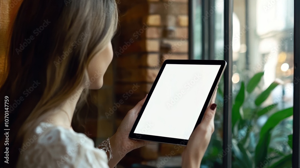 Woman Holding Tablet by Window Woman Holding Tablet by Window