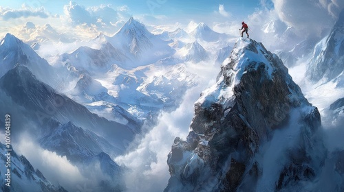 A Climber Reaches the Summit of a Snowy Mountain Peak