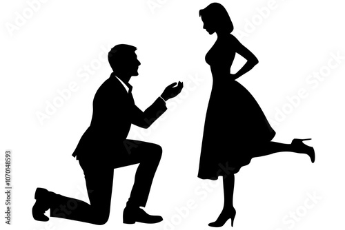engagement silhouettes of a man proposing vector art illustration