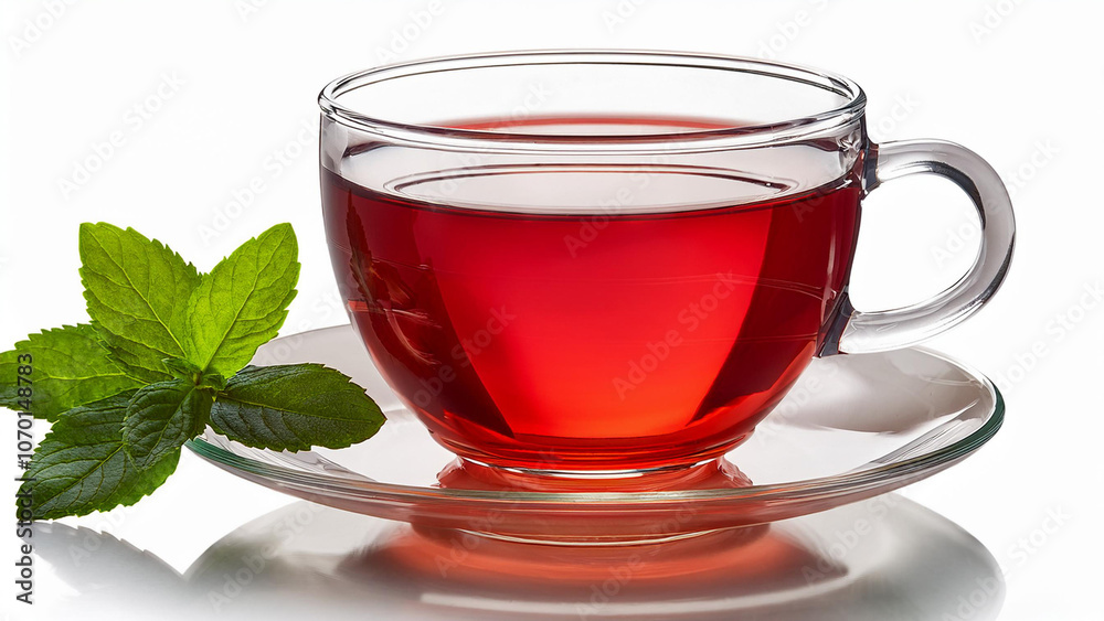 Clear glass teacup with red tea and a green leaf garnish, isolated on white. PNG transparent. Clear glass teacup with red tea and a green leaf garnish, isolated on white. PNG transparent.