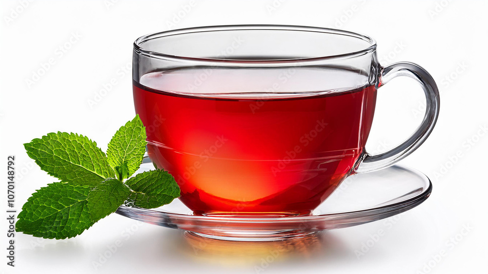 Clear glass teacup with red tea and a green leaf garnish, isolated on white. PNG transparent.