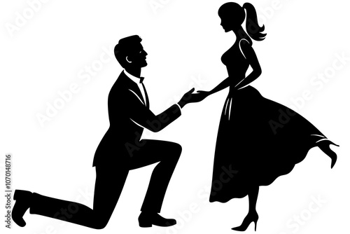 engagement silhouettes of a man proposing vector art illustration
