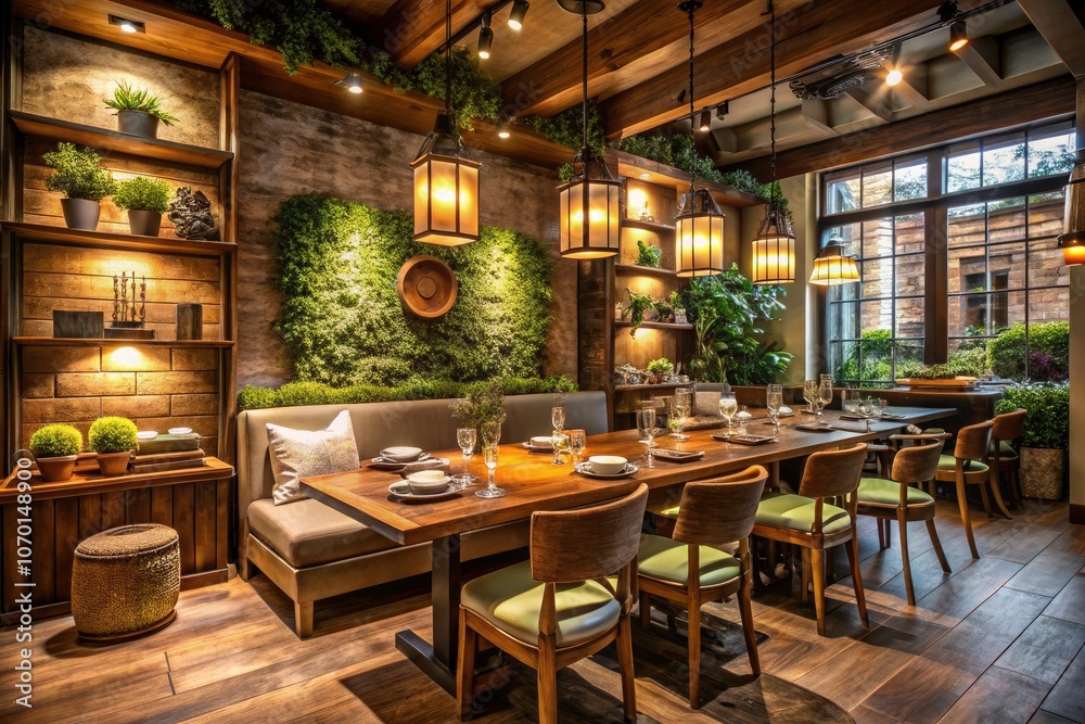 Fototapeta premium Sophisticated Restaurant Corner with Rustic Charm and Warm Lighting