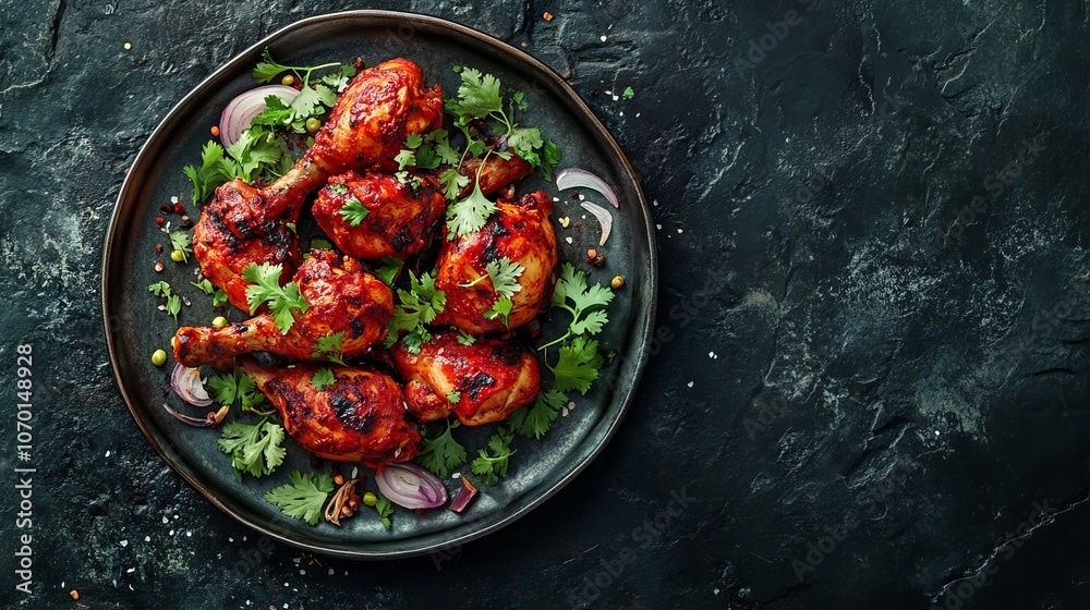 Indian style tandoori chicken on plate over dark stone background. Chicken legs marinated in yogurt and spices. Indian style tandoori chicken on plate over dark stone background. Chicken legs marinated in yogurt and spices.