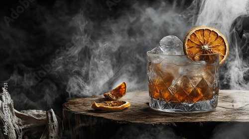  Smoked old fashioned rum cocktail with ice and dried orange slice on a old wooden snag. Copy space.
