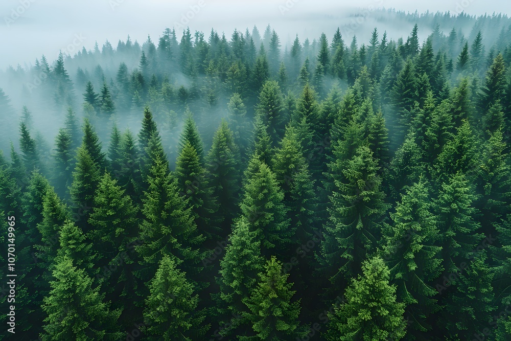 Tranquil Mist Over Lush Evergreen Forest Canopy in Morning Light Tranquil Mist Over Lush Evergreen Forest Canopy in Morning Light