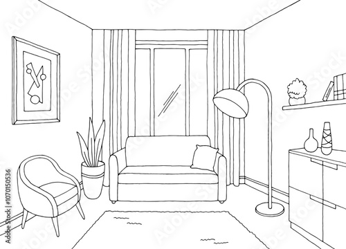 Living room graphic black white interior sketch illustration vector 