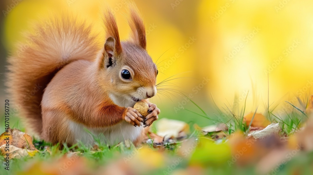 A close encounter with a gentle squirrel in vibrant autumn foliage at ground level, showcasing nature's beauty with soft, natural lighting A close encounter with a gentle squirrel in vibrant autumn foliage at ground level, showcasing nature's beauty with soft, natural lighting