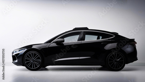 Modern black electric car parked in studio setting, side view