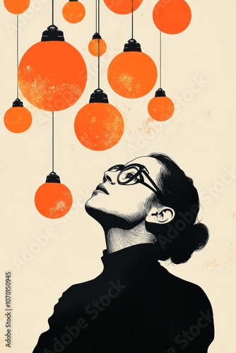 abstract illustration of woman in glasses look up on orange bulb background, idea, creative, innovator