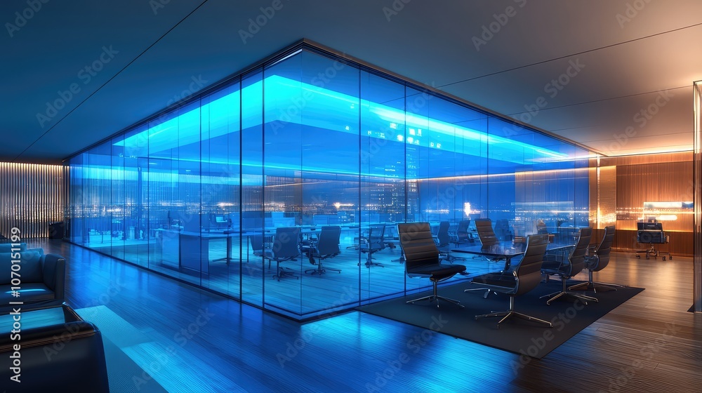 Office background, modern office interior, Modern Office Interior with Blue Ambient Lighting Office background, modern office interior, Modern Office Interior with Blue Ambient Lighting