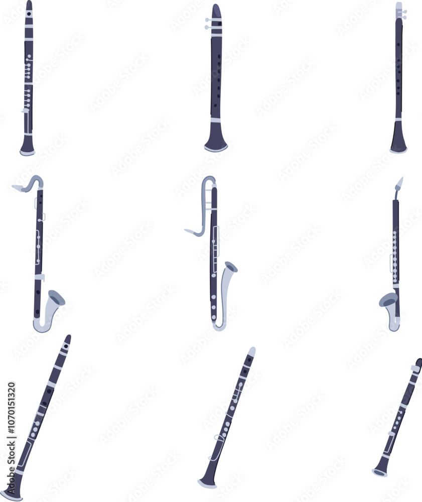 clarinet set cartoon. classical band, reed sound, notes fingering clarinet sign. isolated symbol vector illustration clarinet set cartoon. classical band, reed sound, notes fingering clarinet sign. isolated symbol vector illustration