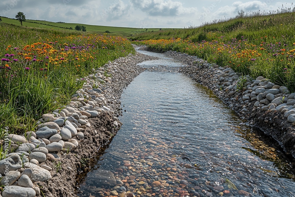 Obraz premium Tranquil stream flowing through vibrant wildflower meadow in peaceful countryside landscape