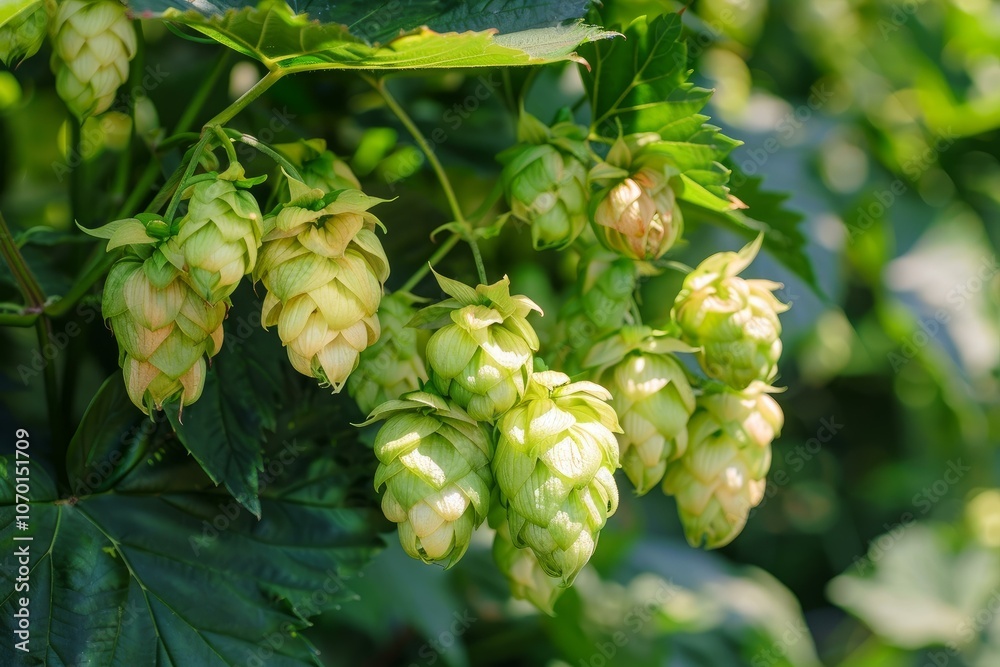 Common hop cones growing in a field for beer production Common hop cones growing in a field for beer production